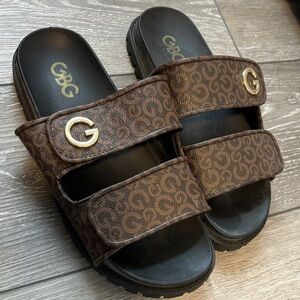 GBG Los Angeles Brown Monogram Slides with Gold Detail